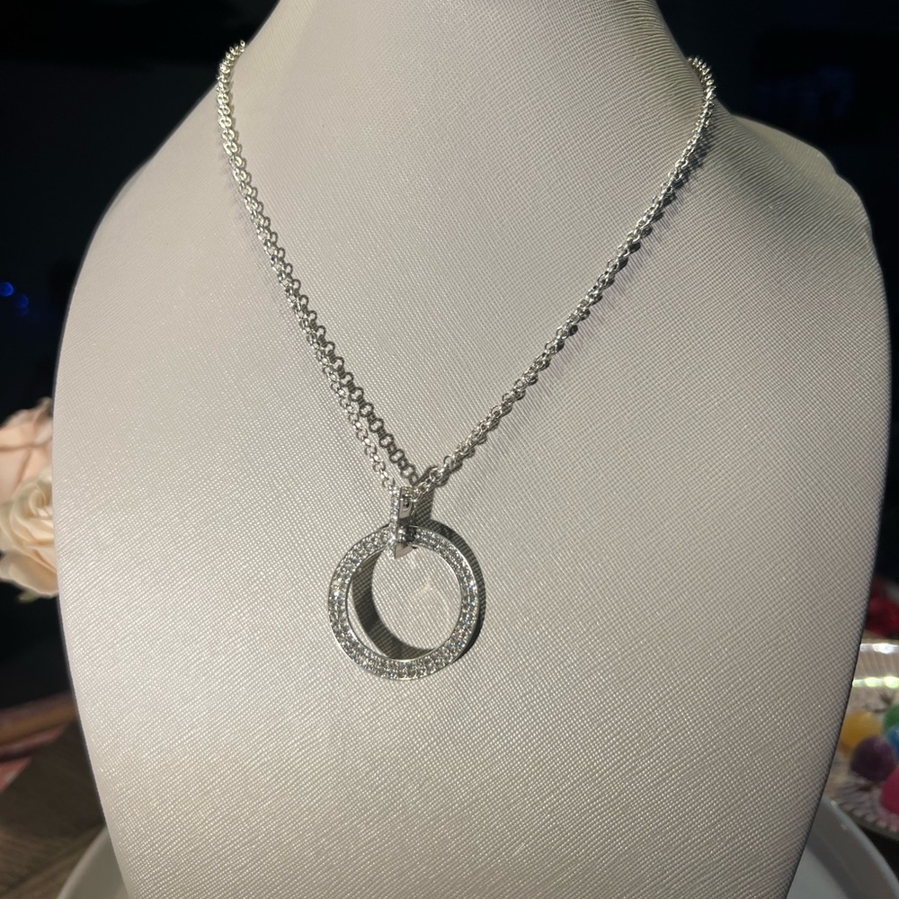 Unique Vintage Silver Very Long Circle Faux Diamonds Necklace